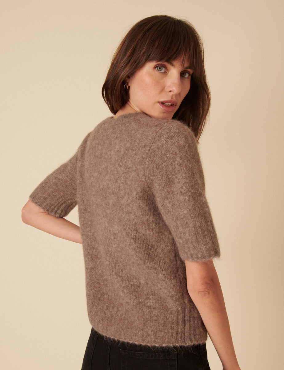Brown Alpaca Wool Blend Short Sleeve Knitted Top