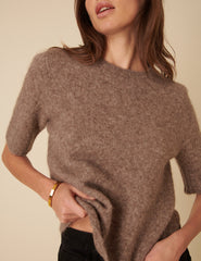 Brown Alpaca Wool Blend Short Sleeve Knitted Top