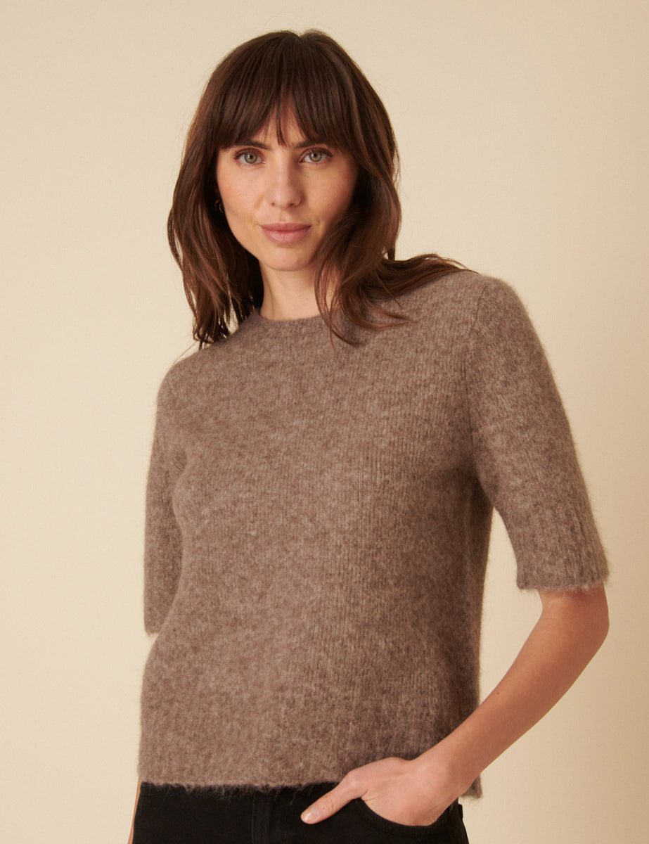Brown Alpaca Wool Blend Short Sleeve Knitted Top