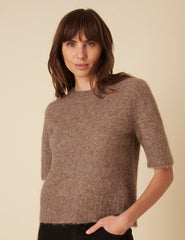 Brown Alpaca Wool Blend Short Sleeve Knitted Top