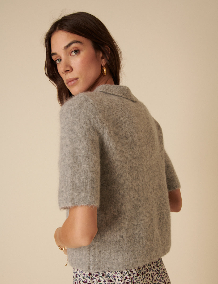Grey Alpaca Wool Blend Short Sleeve Knitted Cardigan