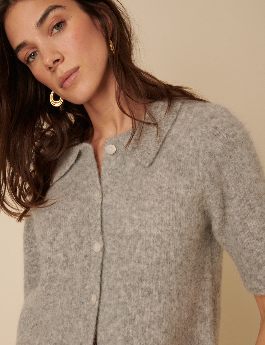 Grey Alpaca Wool Blend Short Sleeve Knitted Cardigan