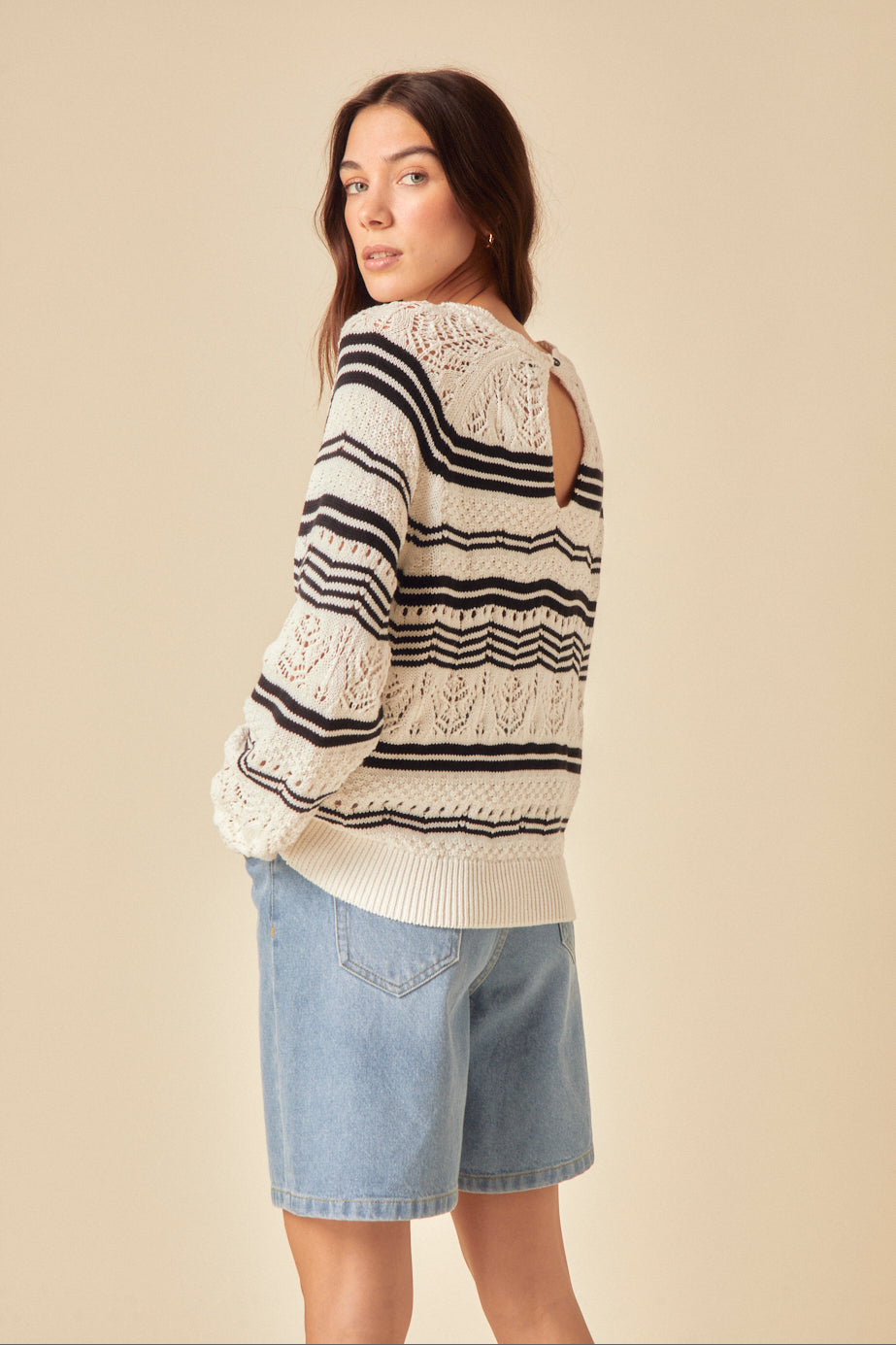 Cream and Black Stripe Mock Crochet Jumper