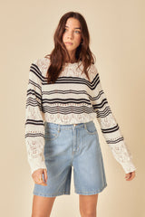 Cream and Black Stripe Mock Crochet Jumper
