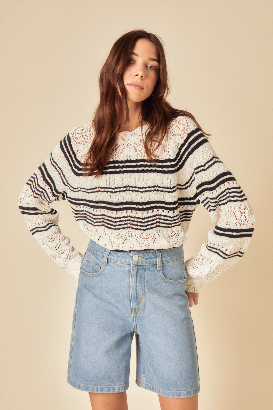 Cream and Black Stripe Mock Crochet Jumper