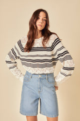 Cream and Black Stripe Mock Crochet Jumper