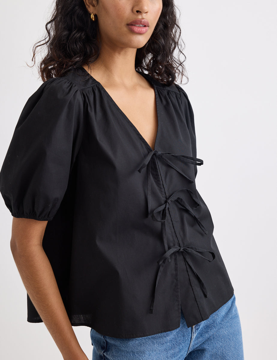 Black Tie Front Bernadetta Blouse