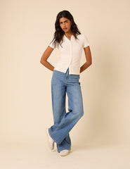 White Ribbed Button Down Jersey Top