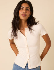 White Ribbed Button Down Jersey Top