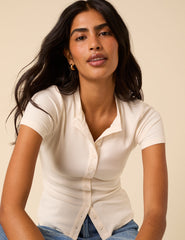 White Ribbed Button Down Jersey Top