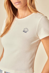 Cream Ribbed Seashell Embroidered Baby T-Shirt