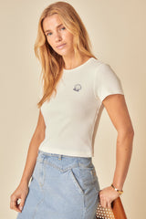 Cream Ribbed Seashell Embroidered Baby T-Shirt