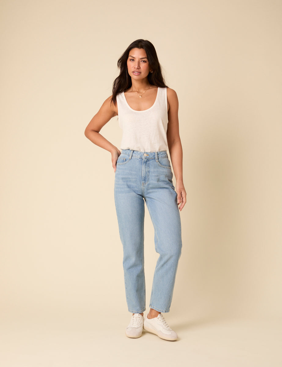 White Linen-blend Scoop Neck Vest Top