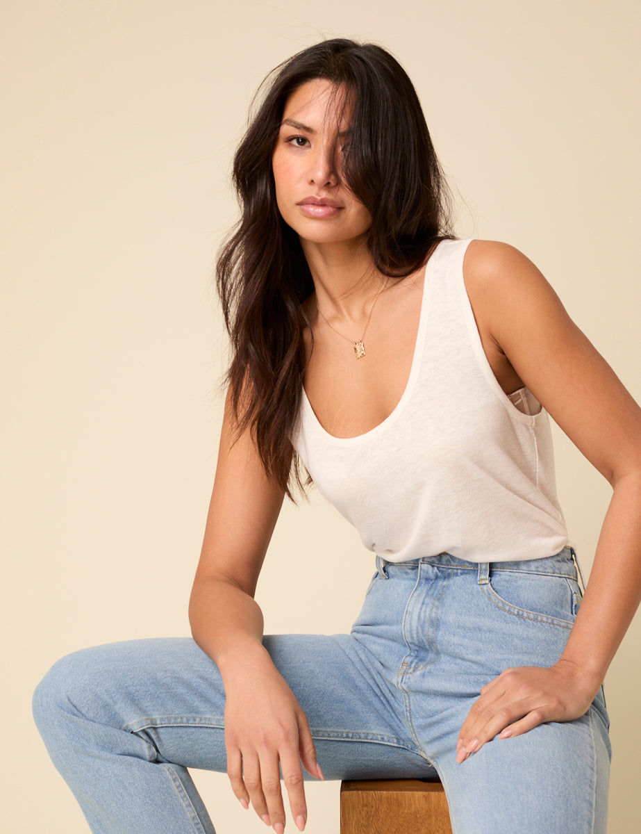 White Linen-blend Scoop Neck Vest Top