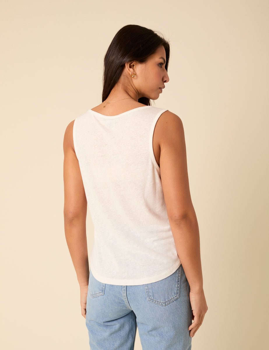White Linen-blend Scoop Neck Vest Top