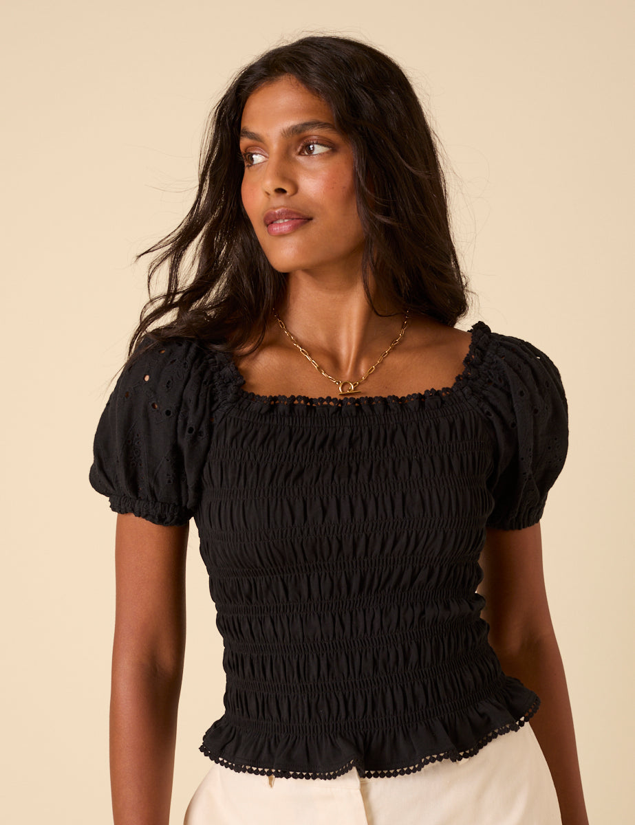 Black Puff Sleeve Ruched Top