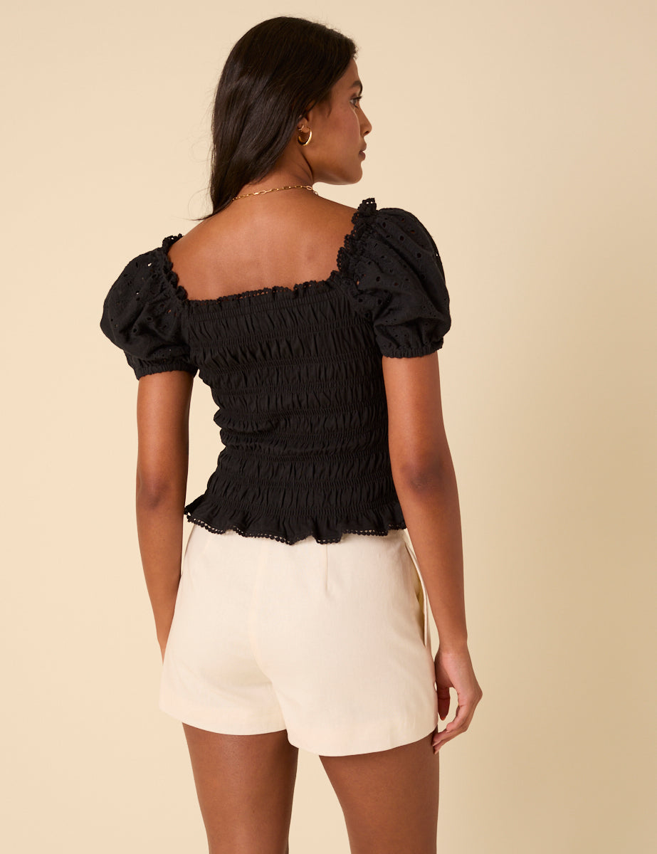 Black Puff Sleeve Ruched Top