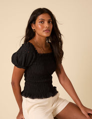 Black Puff Sleeve Ruched Top