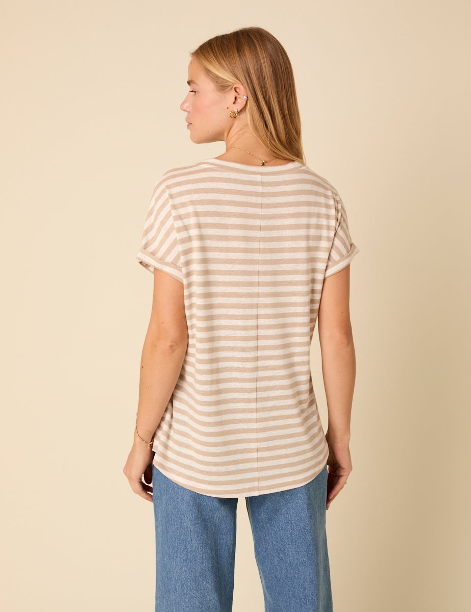 White And Beige Linen-blend Striped V-neck T-Shirt