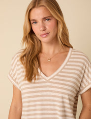 White And Beige Linen-blend Striped V-neck T-Shirt