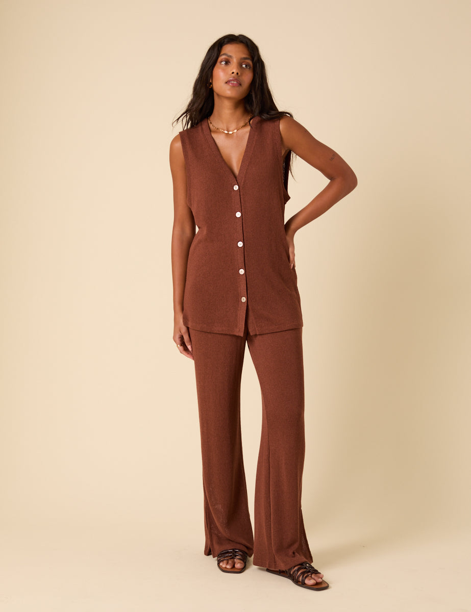 Brown Textured Longline Waistcoat