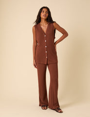 Brown Textured Longline Waistcoat