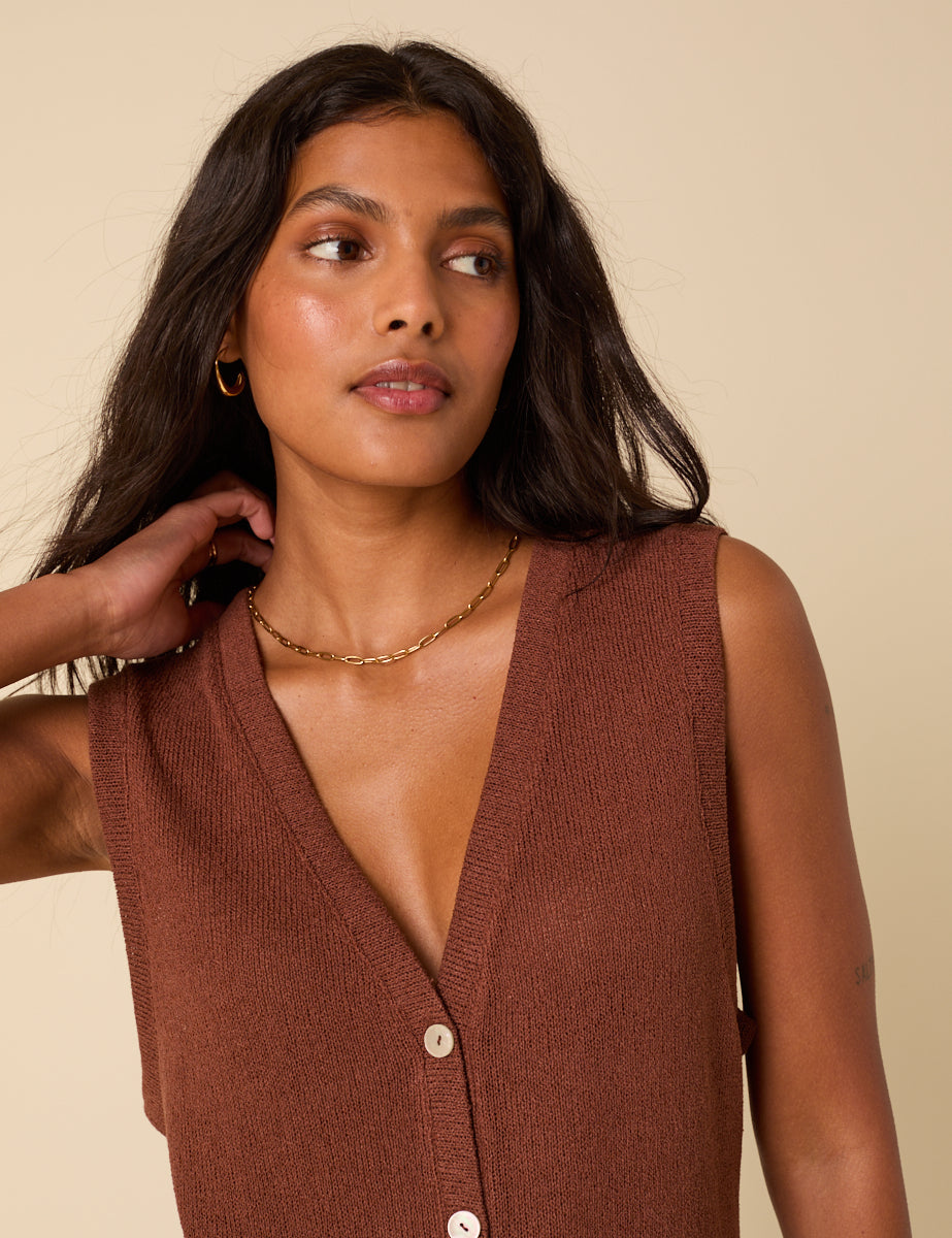 Brown Textured Longline Waistcoat