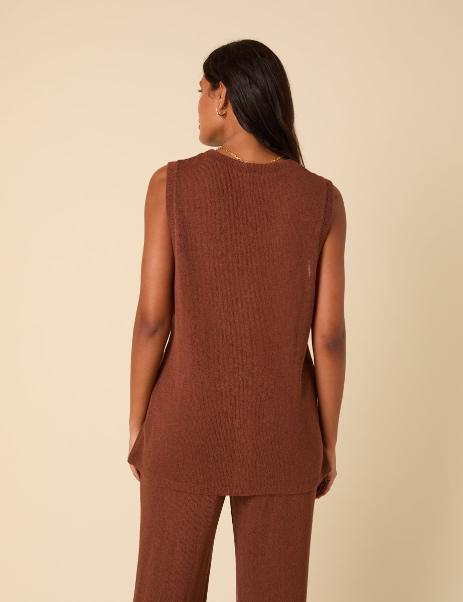 Brown Textured Longline Waistcoat