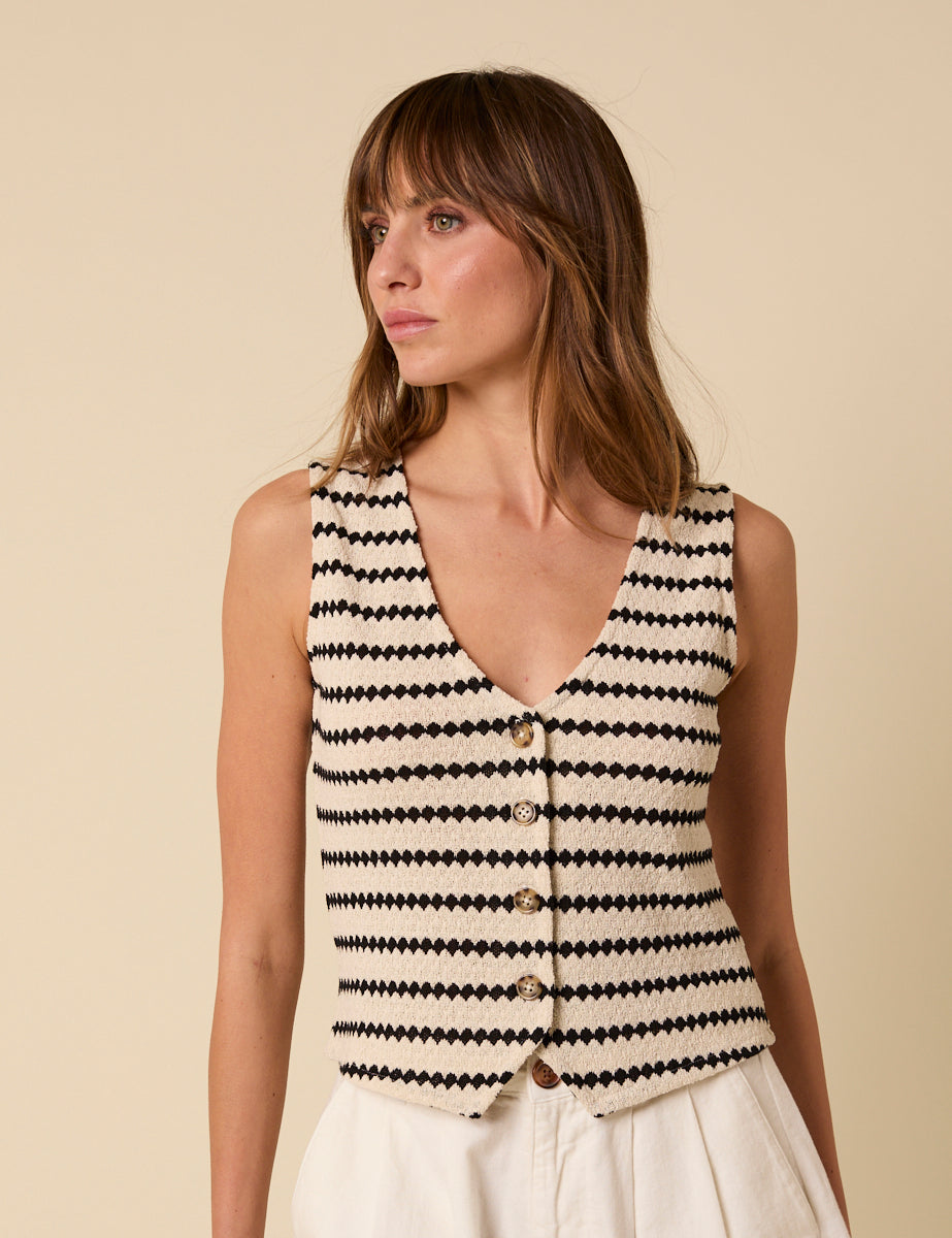 Black And Cream Striped Textured Waistcoat