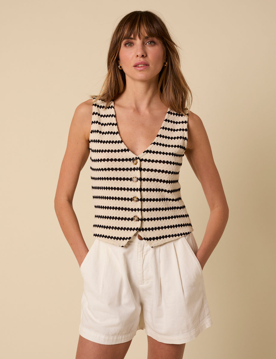 Black And Cream Striped Textured Waistcoat