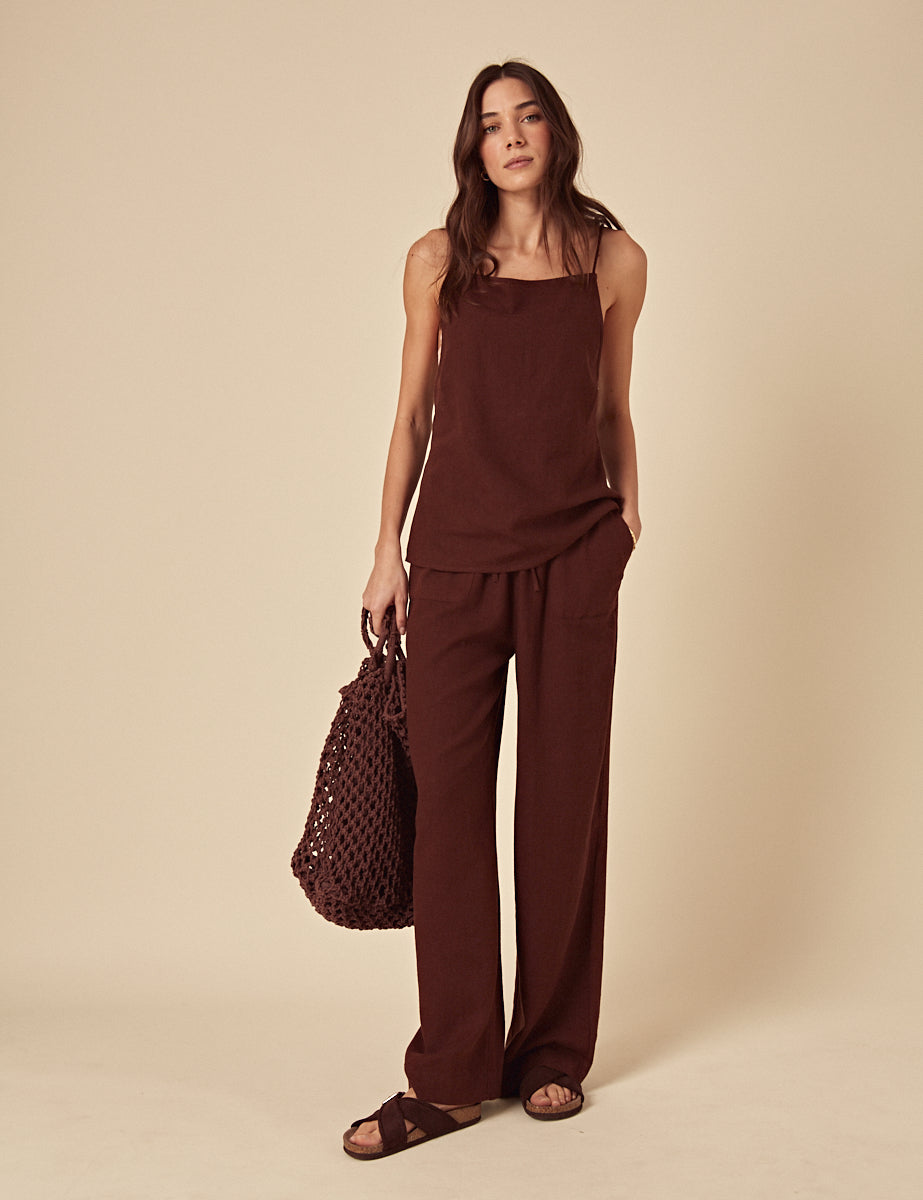 Brown Linen-blend Slip Top