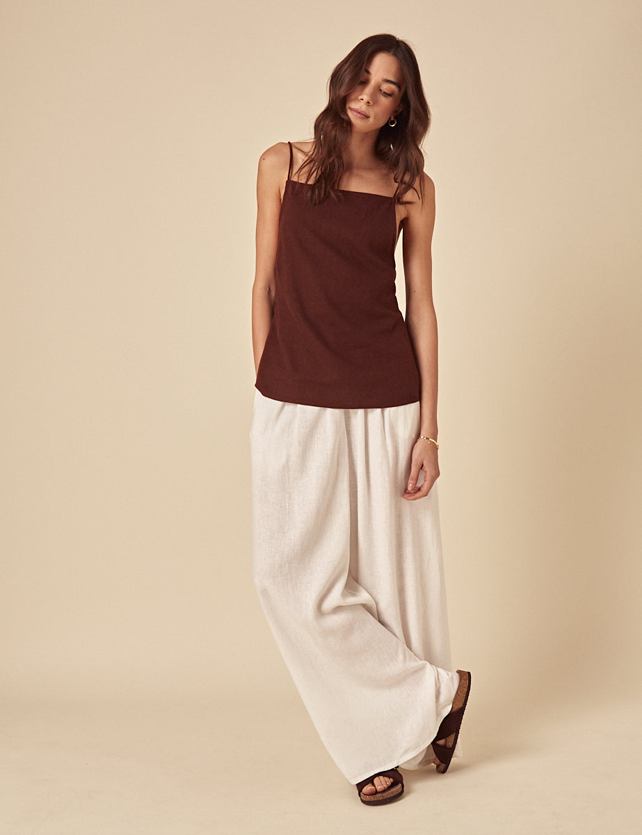 Brown Linen-blend Slip Top