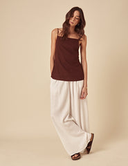 Brown Linen-blend Slip Top