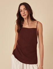 Brown Linen-blend Slip Top