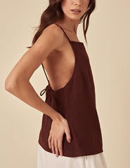 Brown Linen-blend Slip Top