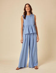Blue Linen-blend Peplum Swing Top