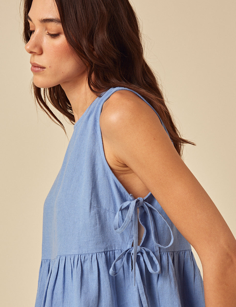 Blue Linen-blend Peplum Swing Top