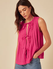 Pink Linen-blend Tie Front Top