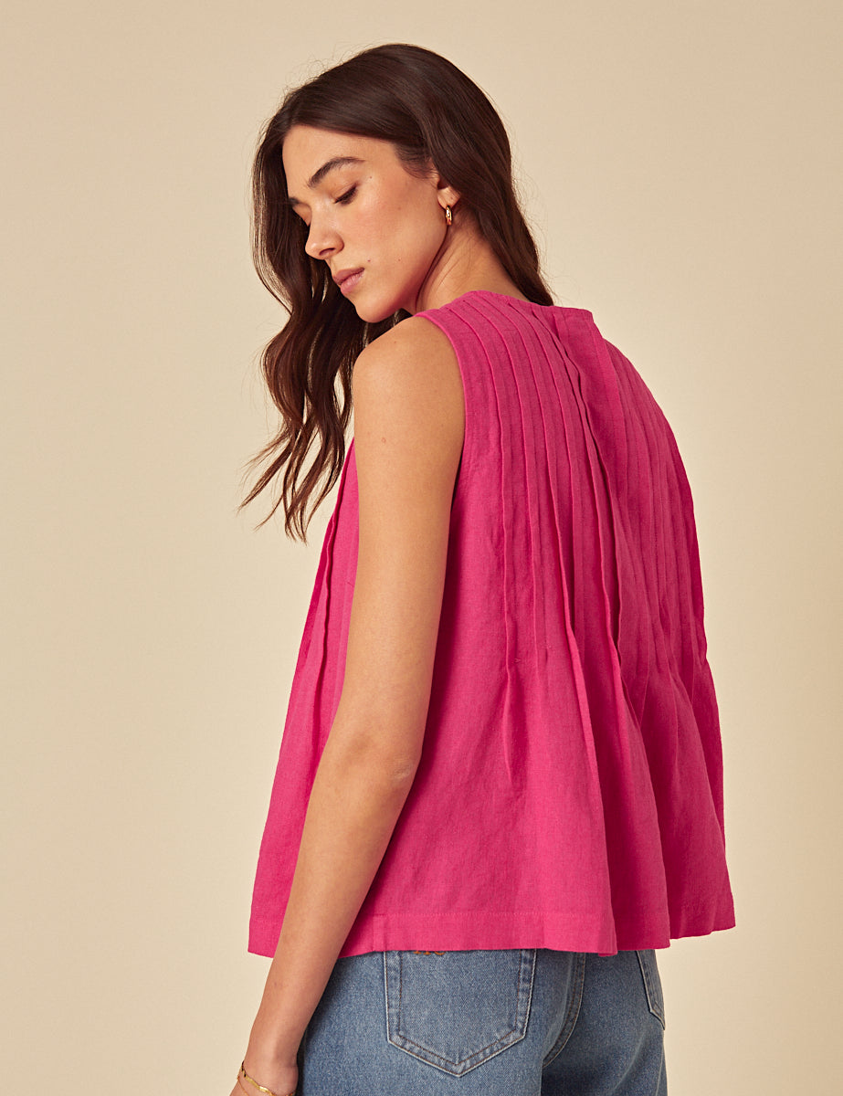 Pink Linen-blend Tie Front Top