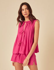 Pink Linen-blend Tie Front Top