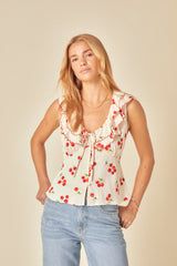 White Tomato Print Frill Top