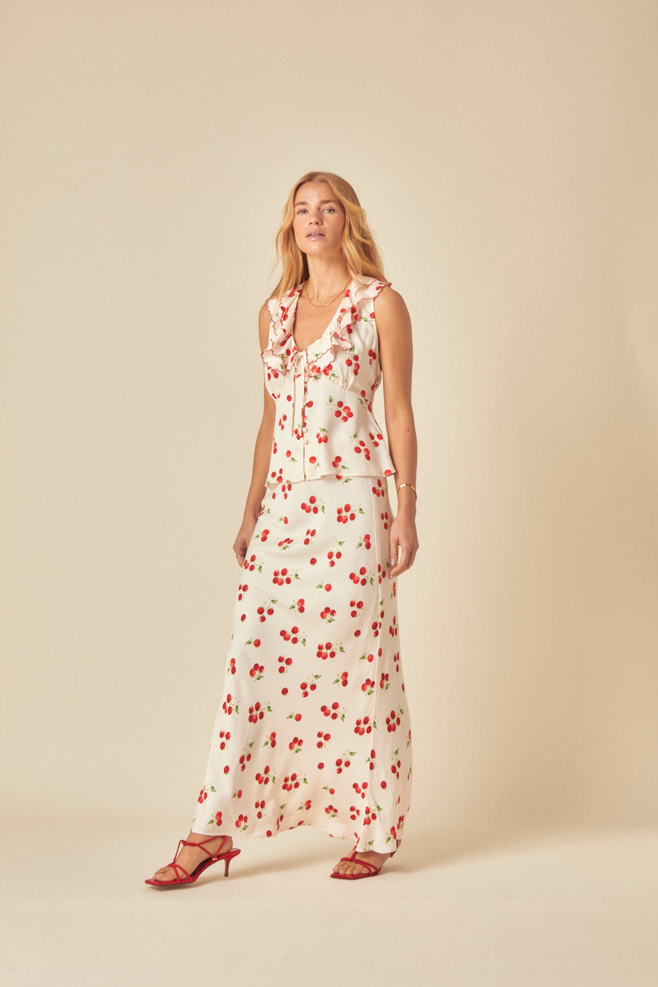 White Tomato Print Frill Top