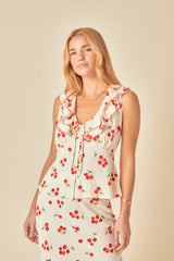White Tomato Print Frill Top