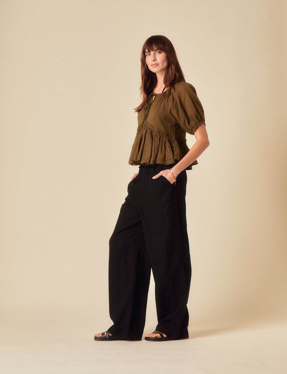 Khaki Tie Front Peplum Top