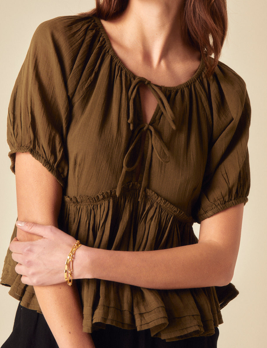 Khaki Tie Front Peplum Top