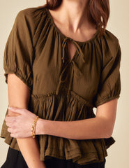 Khaki Tie Front Peplum Top