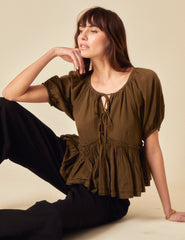 Khaki Tie Front Peplum Top