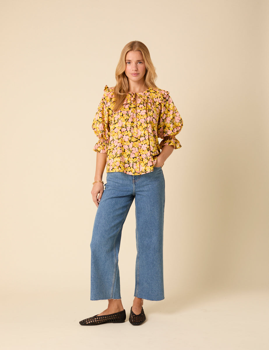 Yellow Floral Short Sleeve Blouse