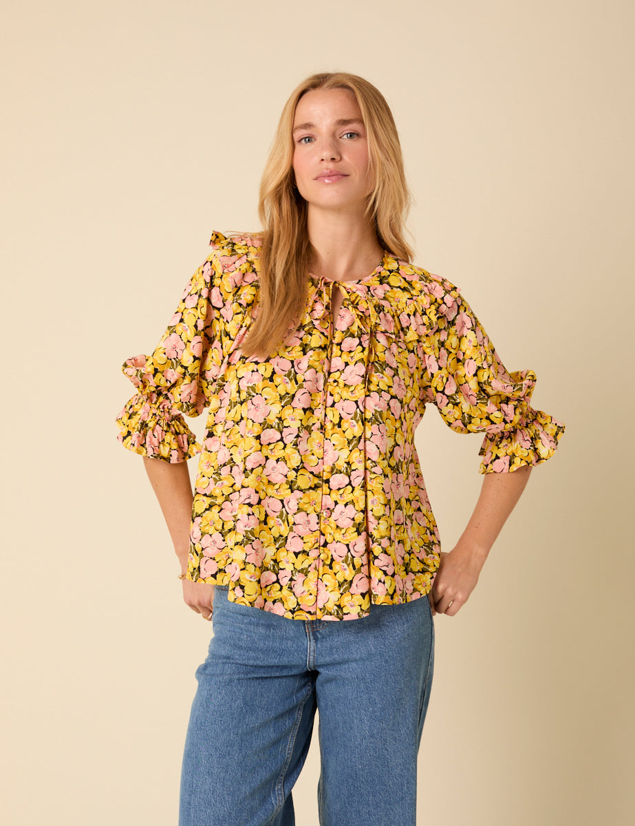 Yellow Floral Short Sleeve Blouse