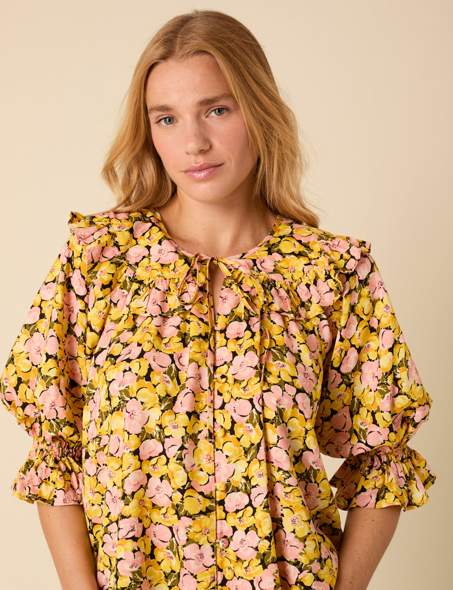 Yellow Floral Short Sleeve Blouse
